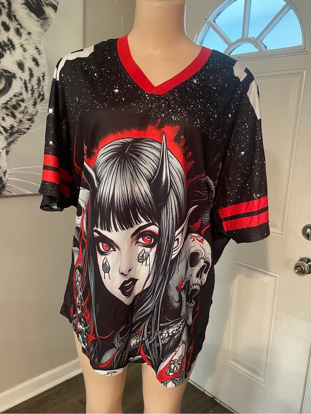 Edgy Graphic horned Anime Gothic skull Demon shirt top Black & Red Romwe Large
